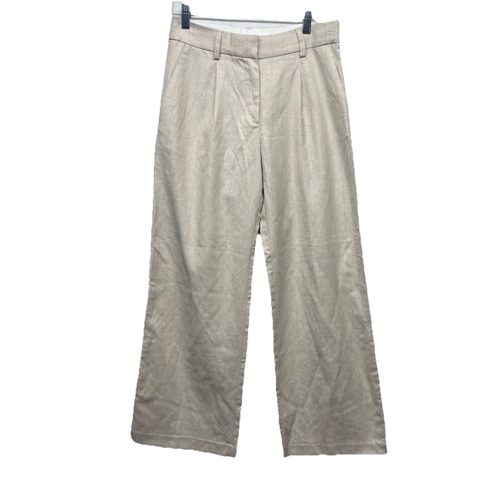 H&M Womens Linen Blend Pants Size 4 Beige Stripe Wide Leg High Rise